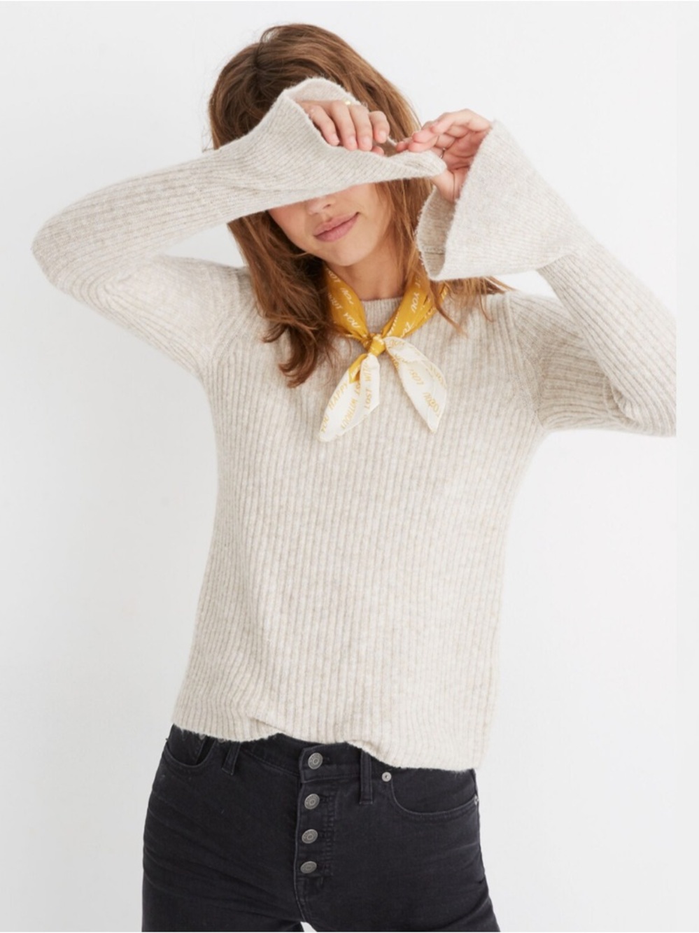 Madewell Ruffle-Cuff Pullover Sweater in
Heather Oak Size Medium